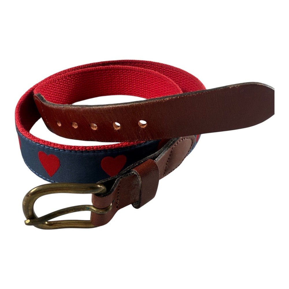 Leather Man Ltd Mens Belt 34 Valentine Hearts Navy Ribbon Leather Brass USA